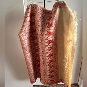 NWT Rare Bengali Tussar silk saree Beige & red Thread border handwoven 7+ yards